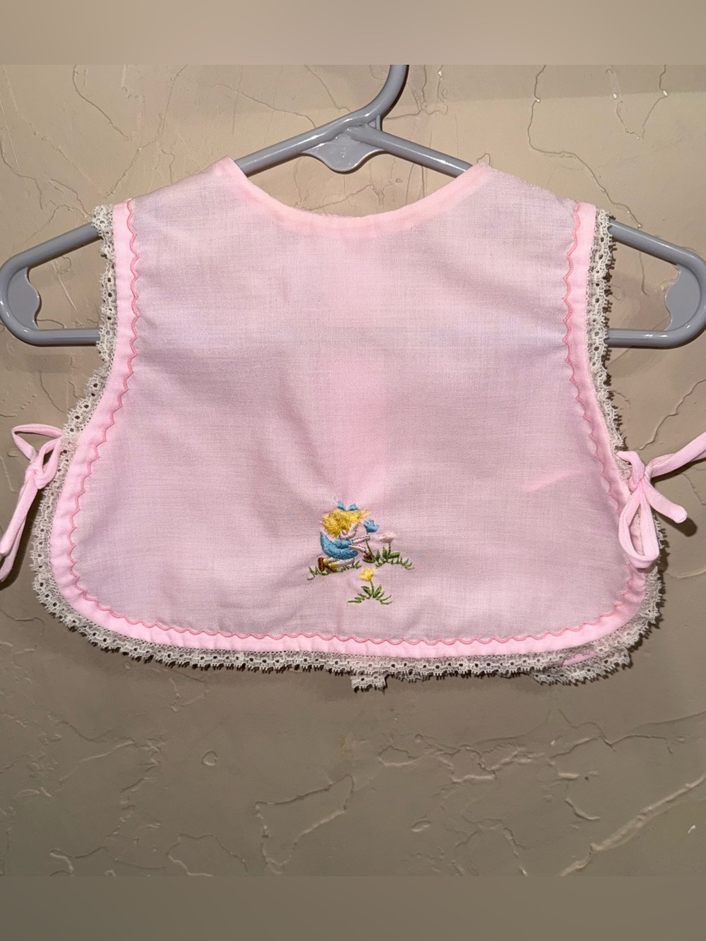 Vintage Baby Pinafore Apron Smock Pink White Lace Flower Little Girl Embroidered